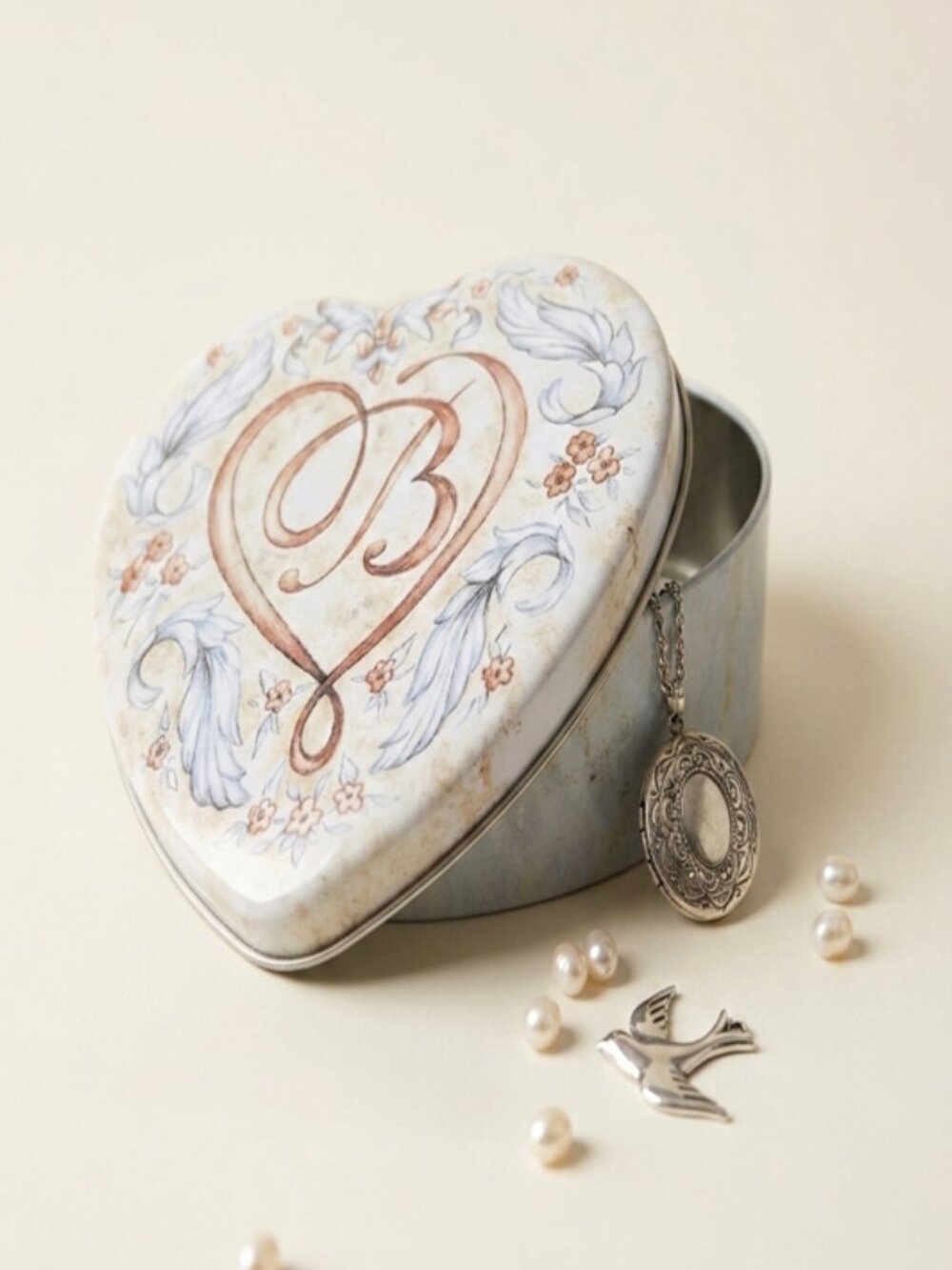 Brighton Heart Shaped Metal Jewelry Tin Floral Scroll B Gift Box Monogram Letter